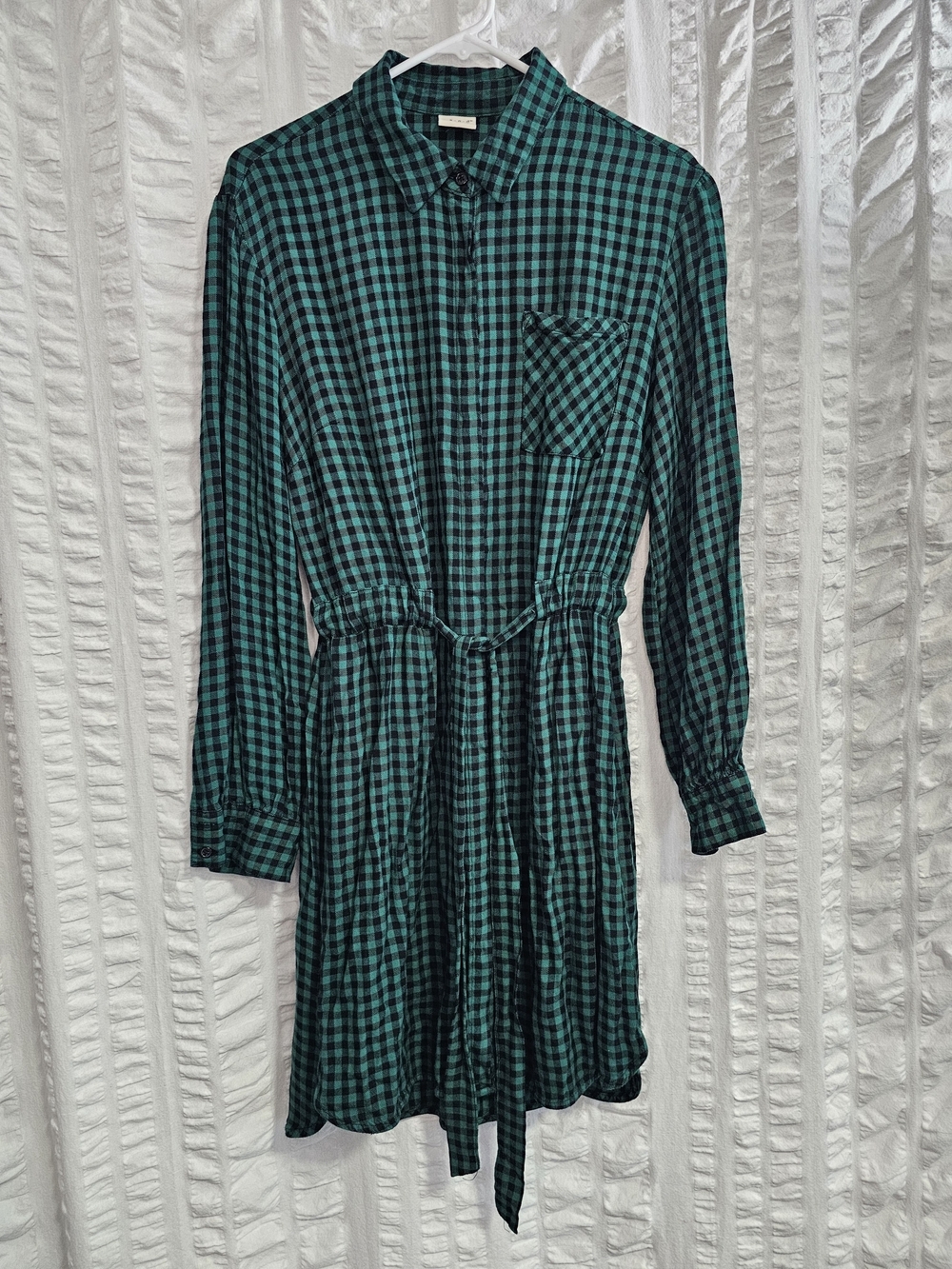 Gingham Green Plaid Shirt Dress Long-Sleeve Button Up Front Tie Waist